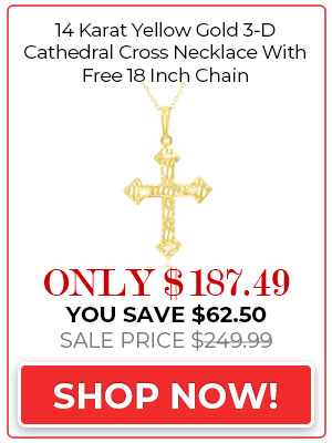 14 Karat Yellow Gold 3-D Cathedral Cross Necklace With Free 18 Inch Chain