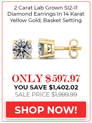2 Carat Lab Grown Diamond Earrings, SI2-I1 Clarity In 14 Karat Yellow Gold, Basket Setting, New Lowest Price Ever!