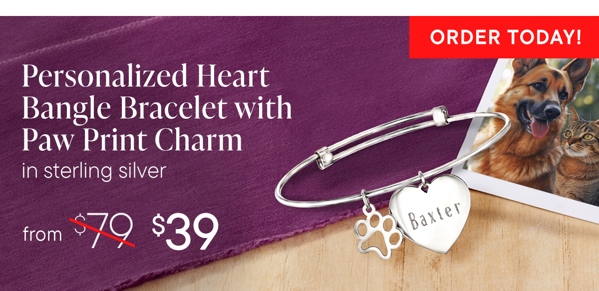 Personalized Heart Bangle Bracelet With Paw Print Charm