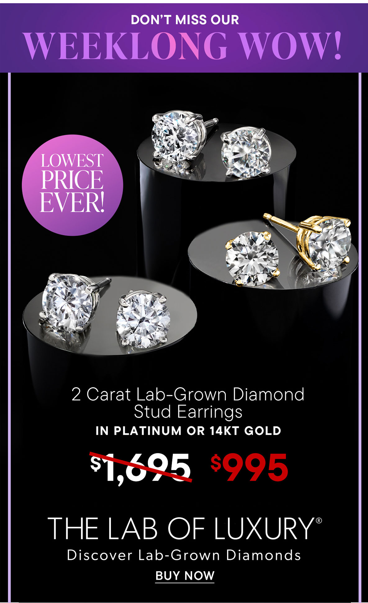 Weeklong WOW! 2 Carat Lab-Grown Diamond Stud Earrings. $995