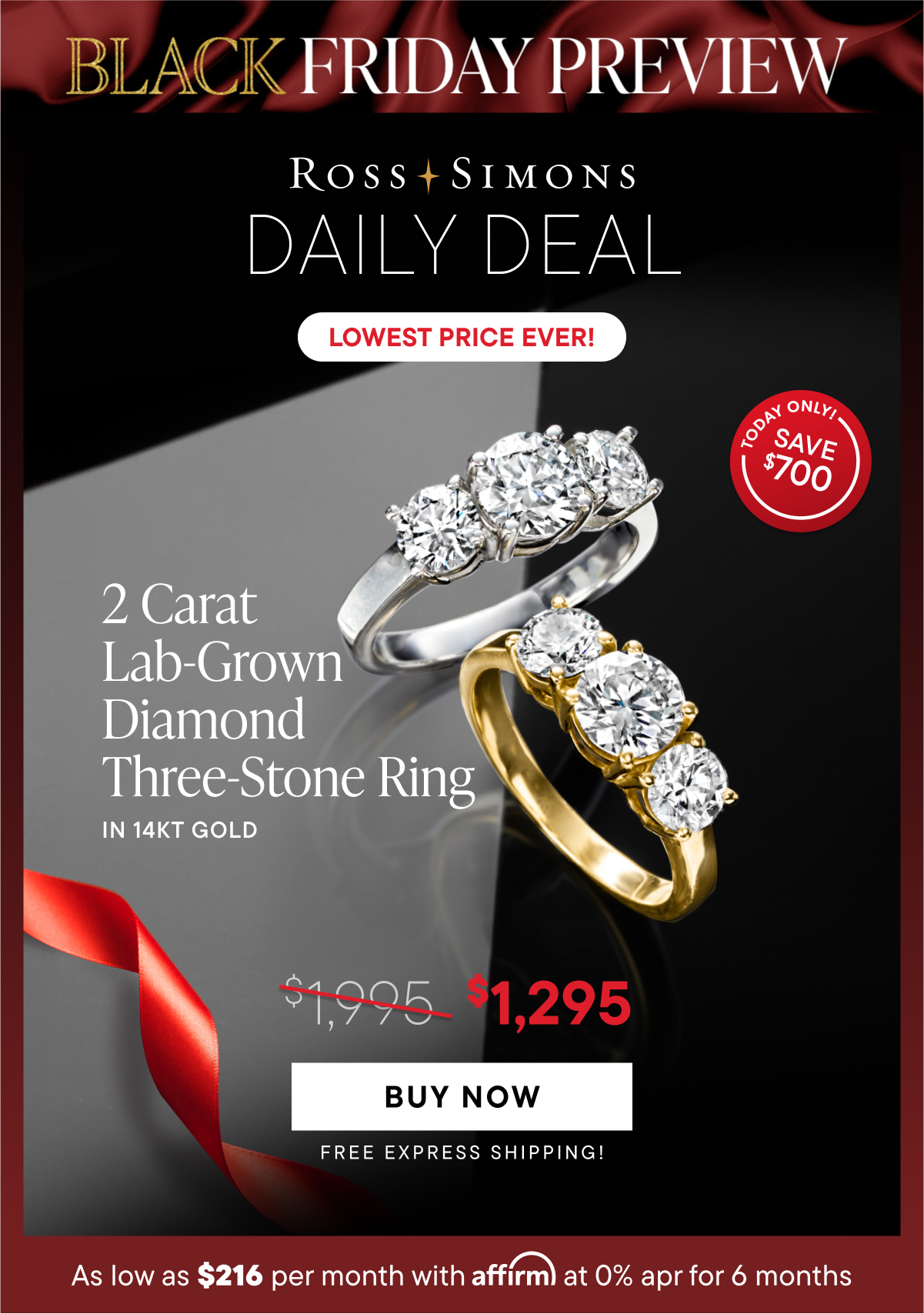 2 Carat Lab-Grown Diamond Three-Stone Ring in 14kt Gold