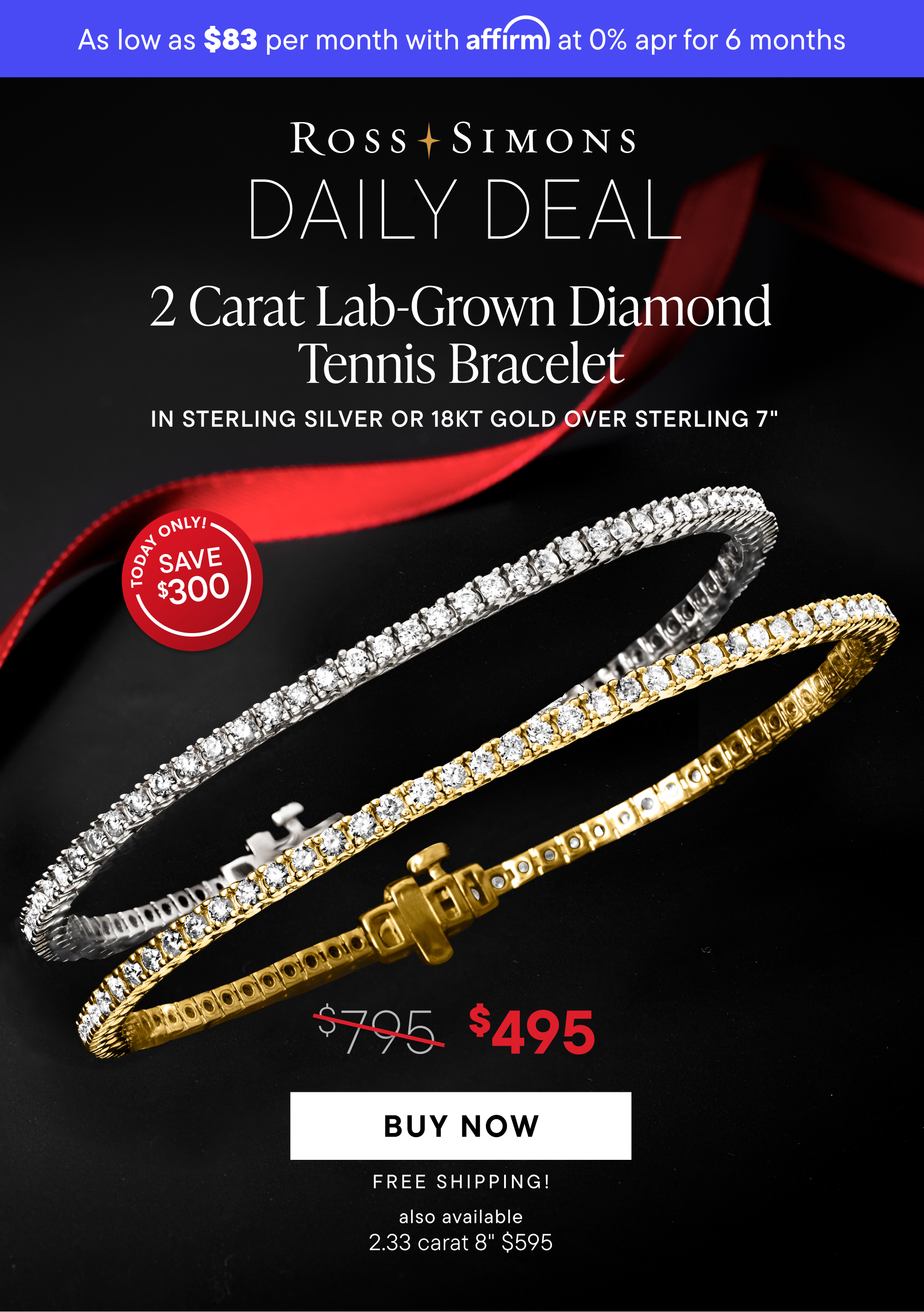 2 Carat Lab-Grown Diamond Tennis Bracelet. $495