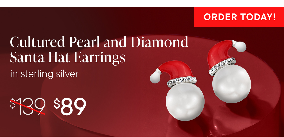 Cultured Pearl and Diamond Santa Hat Earrings in Sterling Silver. $89