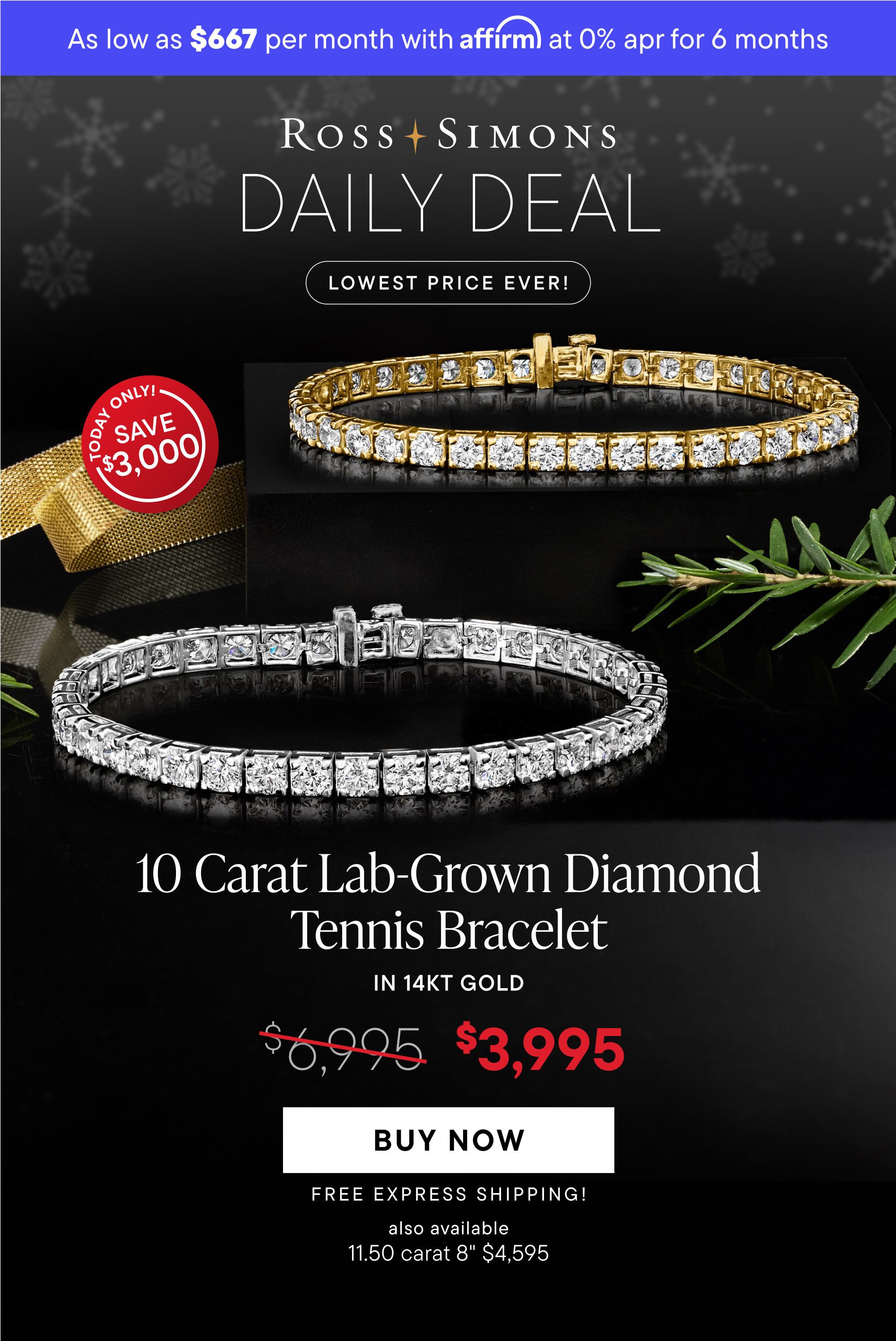 10 Carat Lab-Grown Diamond Tennis Bracelet in 14kt Gold. $3,995