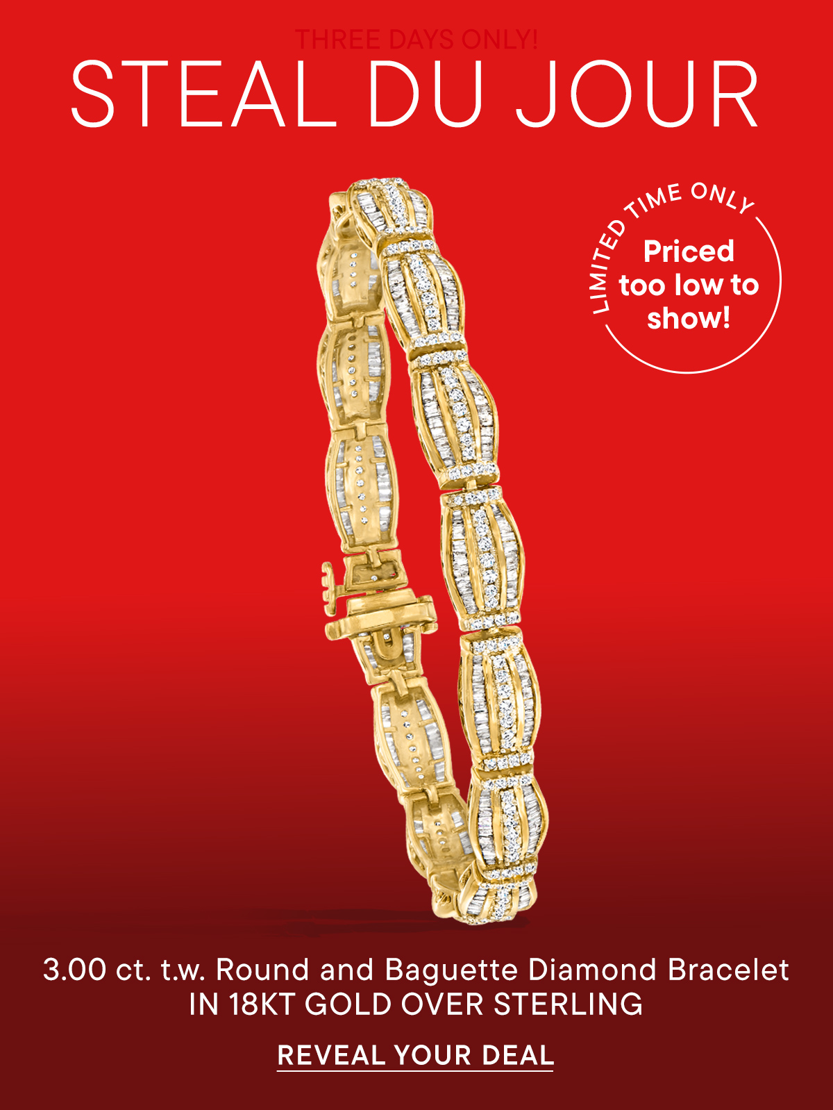 Steal Du Jour. 3.00 ct. t.w. Round Baguette Diamond Bracelet in 18kt Gold over sterling