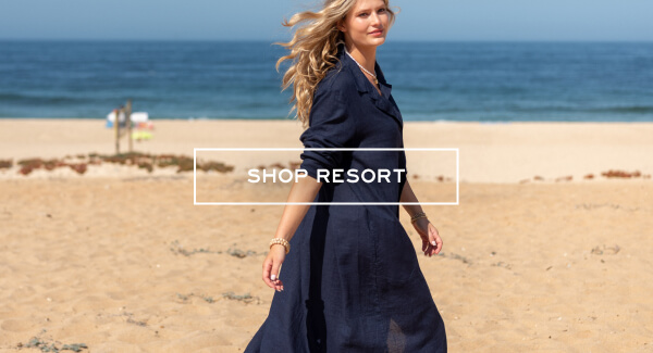 Shop Resort - Image of woman on beach wearing a navy linen coverup