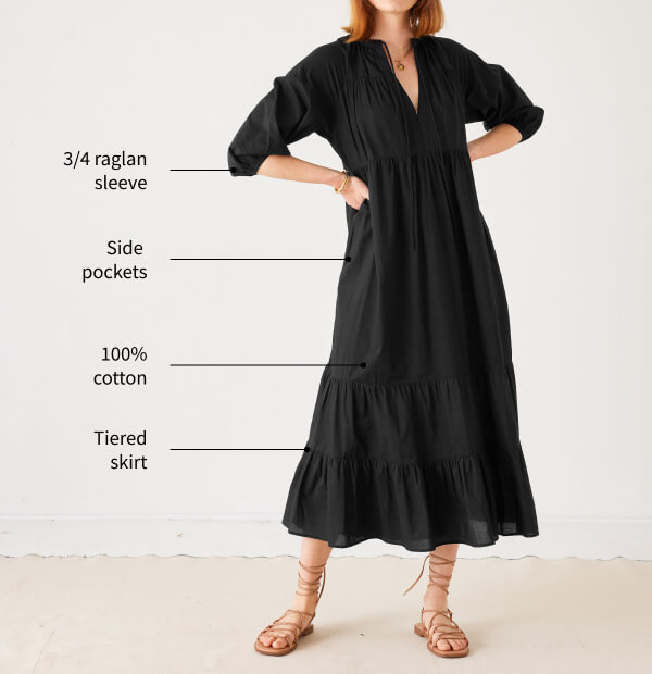 Image of a woman wearing a black tiered long sleeve maxi dress with details called out