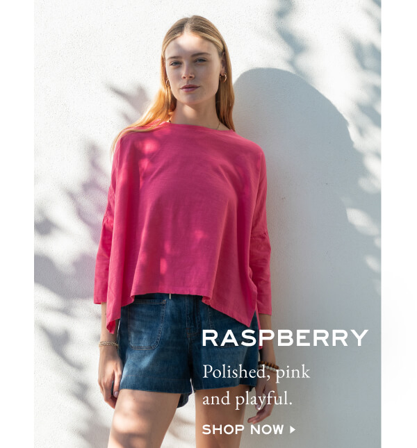 Raspberry - Polished, pink and playful. - Shop now - Image of a woman wearing a pink long sleeve tee