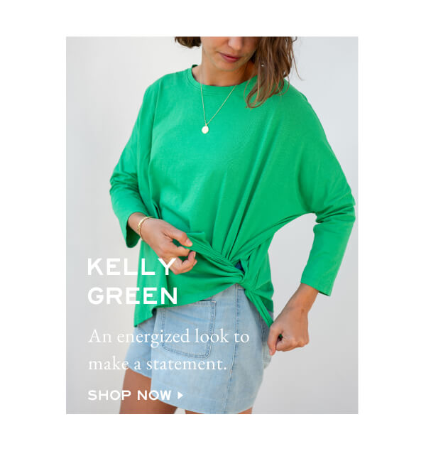 Kelly Green - An energized look to make a statement. - Shop now - Image of a woman wearing a green long sleeve tee with side slits