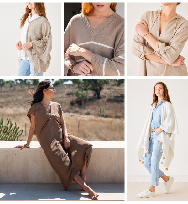 Images of different neutral colored sweaters, coverups, and ponchos