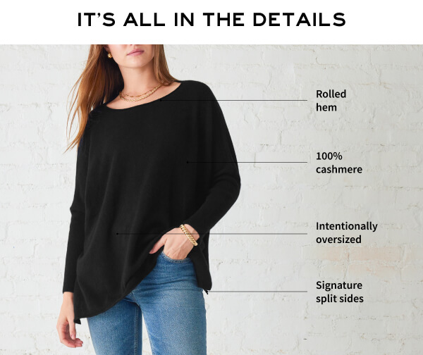 It's all in the details - Image of a woman wearing a black cashmere sweater with rolled hems and side slits with details called out