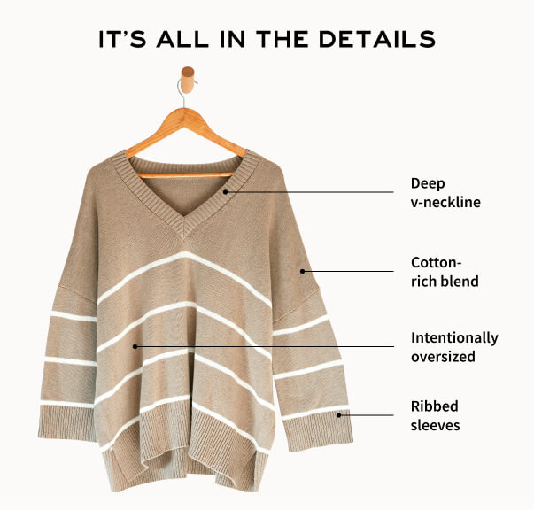 It's all in the details - Image of a brown sweater with white stripes with the details called out