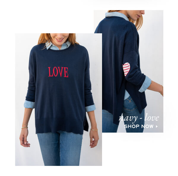 Images of a woman wearing a navy sweater that says "LOVE" with red and white striped heart patches on the elbows - Navy-Love - Shop now