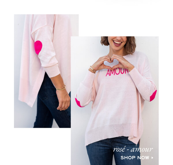 Images of a woman wearing a light pink sweater that says "AMOUR" with pink heart patches on the elbows