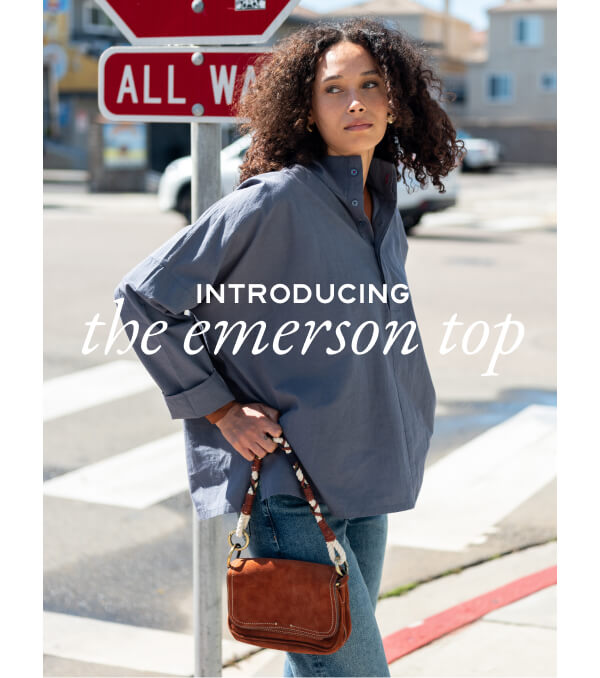 Introducing the emerson top - picture of woman wearing blue top