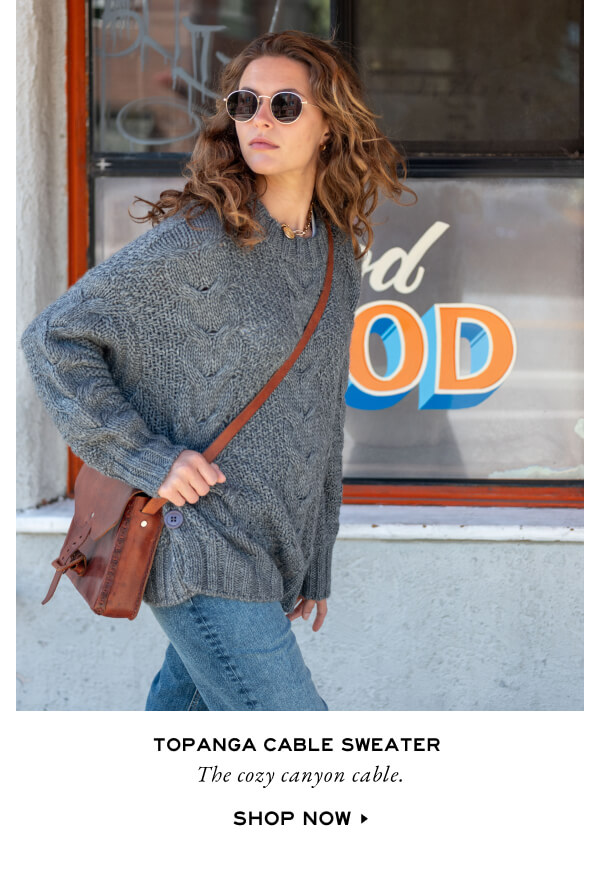 Topanga Cable Sweater - The cozy canyon cable. Shop now - woman wearing gray cable sweater