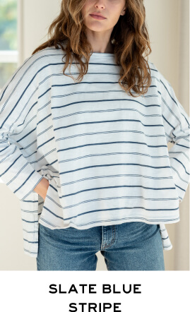 Slate Blue Stripe - close up of woman wearing a white long sleeve tee with blue stripes