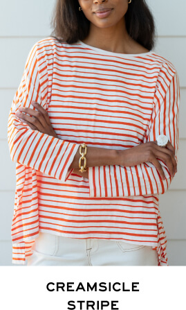 Creamsicle Stripe - Close up of woman wearing white tee with orange stripes