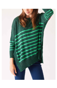 image of woman wearing green striped sweater with a red heart patch on the elbow