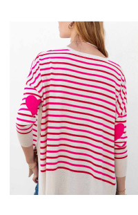 Image of woman wearing white sweater with pink and red stripes and pink heart patches on the elbow