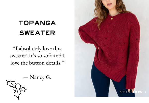 Topanga Sweater - Shop now - Review from a customer about how soft the sweater is and how cute the button details are - Image of woman wearing a red sweater with button up sides