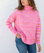 Image of a woman in a pink striped turtleneck