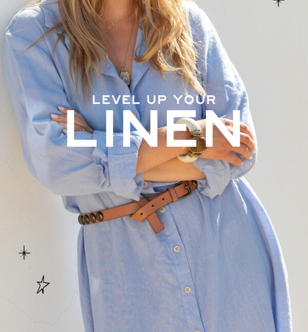 Level Up Your Linen - Image of a woman wearing a light blue linen shirt dress