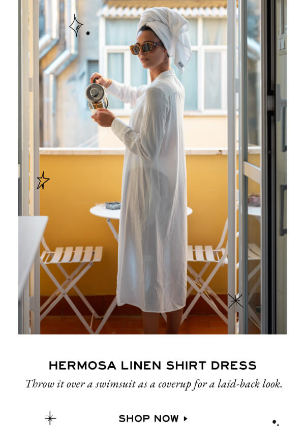 Hermosa Linen Shirt Dress - Throw it over a swimsuit as a coverup for a laid-back look. - Shop now - Image of a woman wearing a white linen shirt dress as a coverup