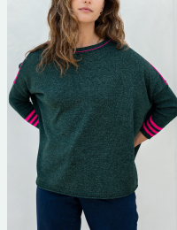 Image of a woman wearing a green sweater with pink piping