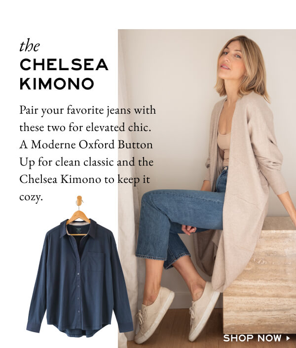 The Chelsea Kimono - Paragraph about pairing the Chelsea Kimono with a pair of jeans and a button up for an elevated look. - Image of a woman wearing a light tan kimono and jeans