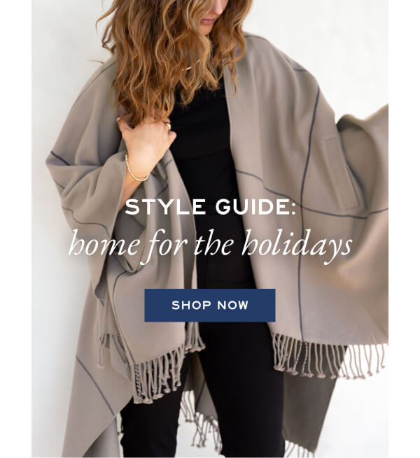 Style Guide: Home for the Holidays - Shop now - Image of a woman wearing a tan pocket wrap