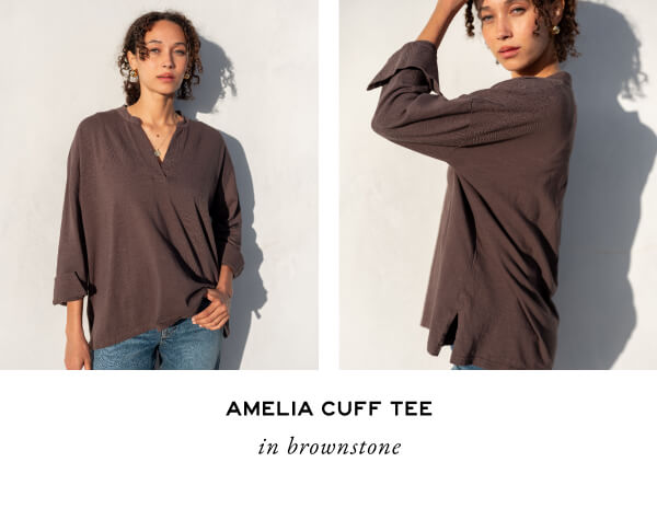 Amelia Cuff Tee in brownstone - Images of a woman wearing a brown long sleeve v-neck tee