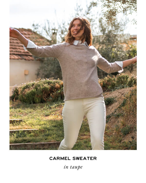 Carmel Sweater in taupe - Image of a woman swearing a tan cashmere sweater