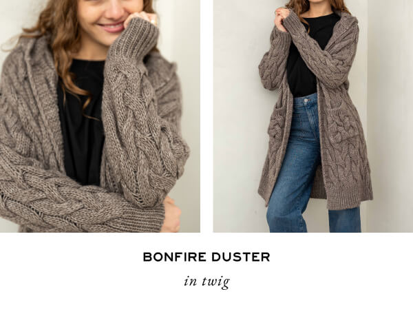 Bonfire Duster in twig - Images of a woman wearing a light brown chunky knit duster