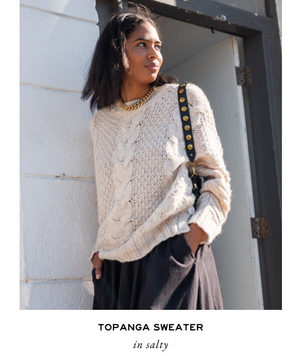 Topanga Sweater in salty - Image of a woman wearing a chunky knit cream sweater