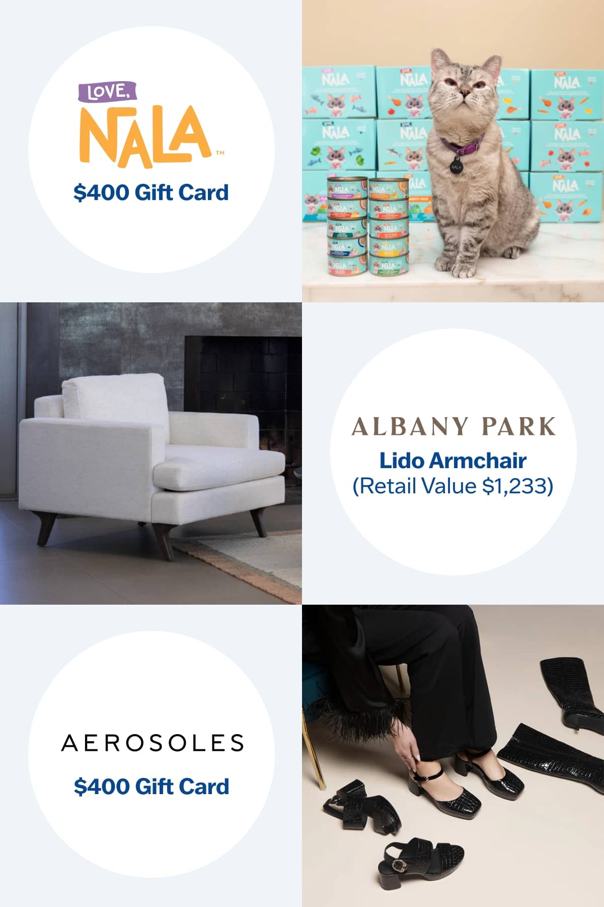 Nala $400 Gift Card, Albany Park Lido Armchair (Retail Value $1,233), Aerosoles $400 Gift Card