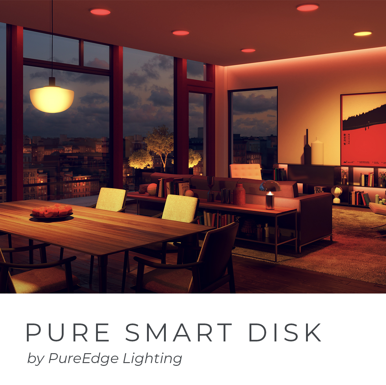 Pure Smart Disk
 |  by PureEdge Lighting | The Pure Smart Disk is a Wi-Fi and Bluetooth enabled ceiling flush mount with an integral WiZ Pro Driver offering seamless connectivity. Conveniently control custom color mixing, dimming, scene creation, grouping, zoning, scheduling, and personalized circadian rhythm settings.  The Pure Smart Disk features TruColor™ RGBTW, proprietary 5-channel color mixing delivers Best-in-Class Tunable White technology with over 80,000 stunning, true-to-life white tones and 16 million colors. | SHOP