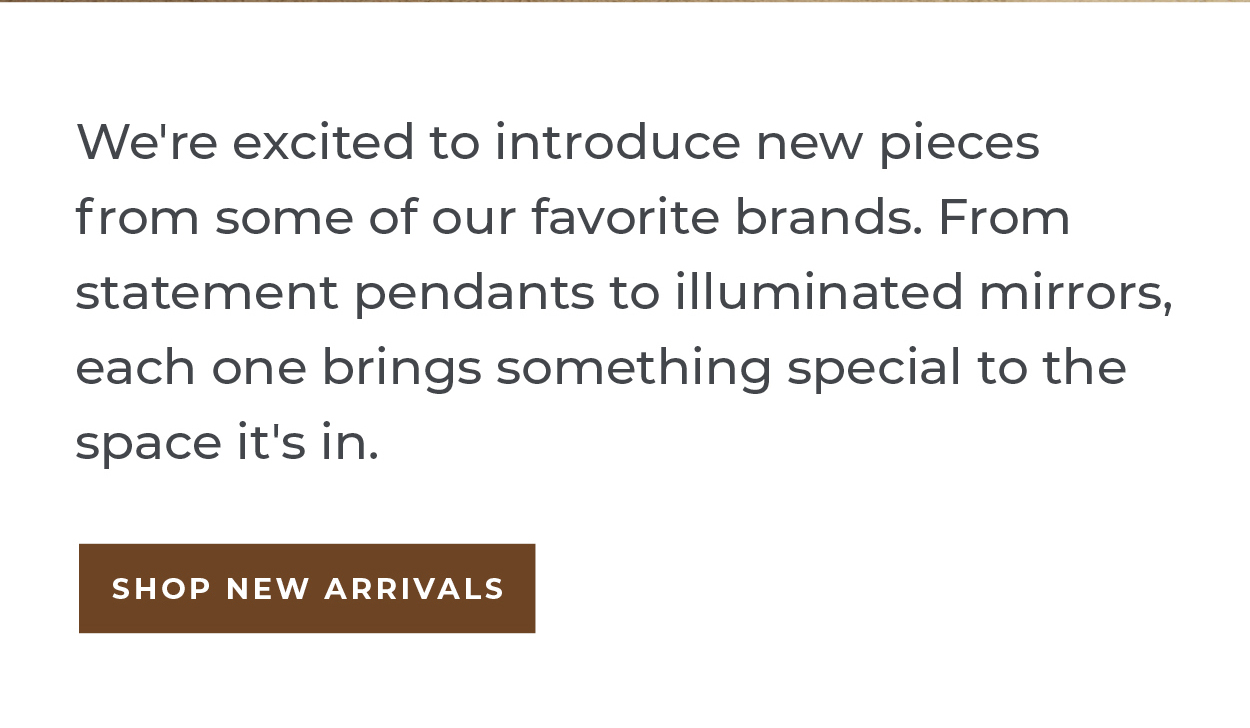 We're excited to introduce new pieces from some of our favorite brands. From statement pendants to illuminated mirrors, each one brings something special to the space it's in.  [Shop New Arrivals]