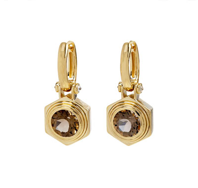 Harwell Godfrey Cognac Quartz Hexed Drop Hoop Earrings