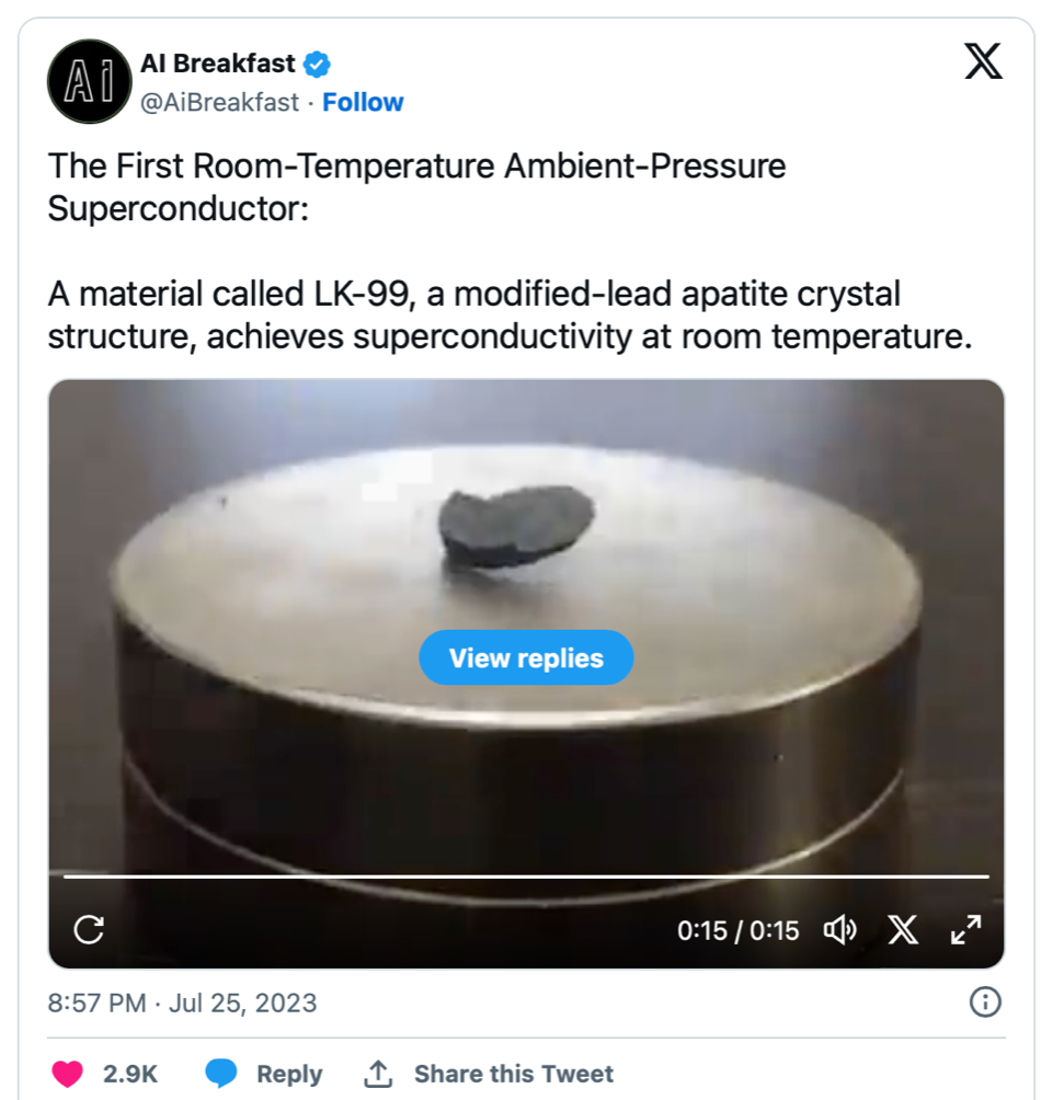 Tweet from AI Breakfast re: superconductor