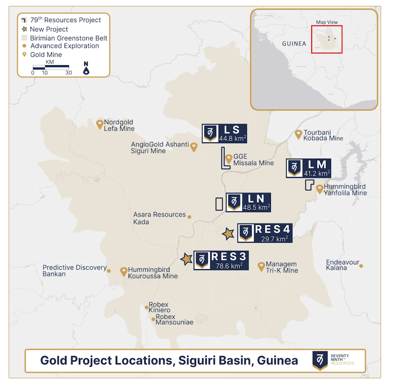 Map of Seventy Ninth Resources’ projects in Guinea’s Siguiri Basin