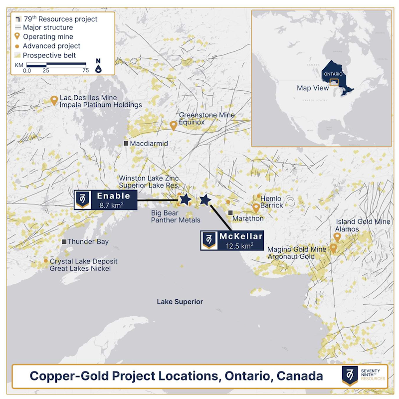 Map of Seventy Ninth’s Enable and McKellar projects in northwest Ontario