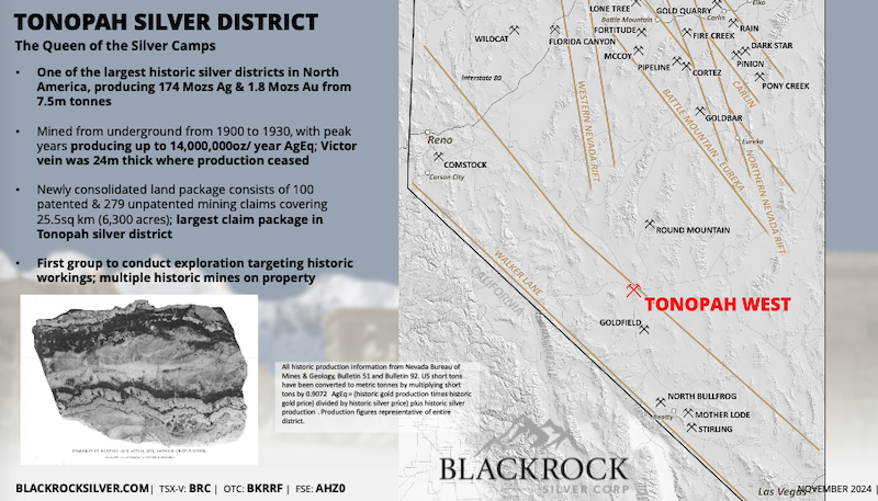 Map of the Tonopah West project in southwest Nevada, with highlights from the history of the Tonopah Silver District.