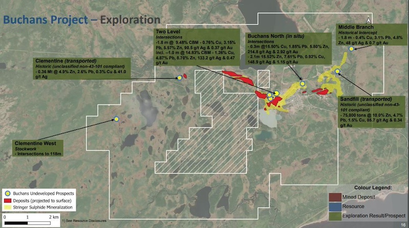 Map of the exploration targets at Buchans, including the highly prospective Clementine target to the west.