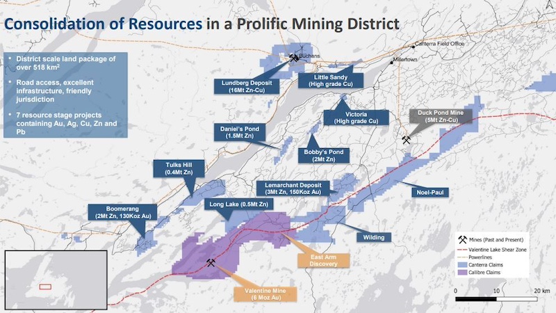 Map of Canterra Minerals’ critical metals projects in central Newfoundland