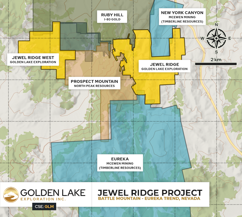 Map of the key players along the South Eureka Gold Trend that hosts Golden Lake Exploration’s flagship Jewel Ridge project
