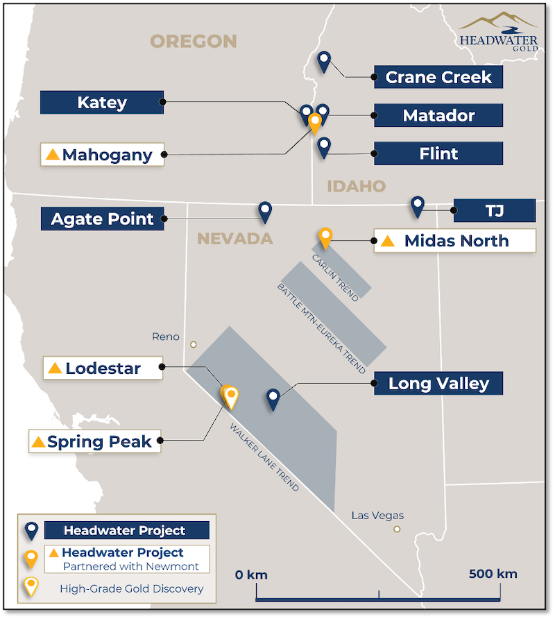 Map of Headwater Gold’s joint-ventured and 100%-owned gold projects in the western U.S.