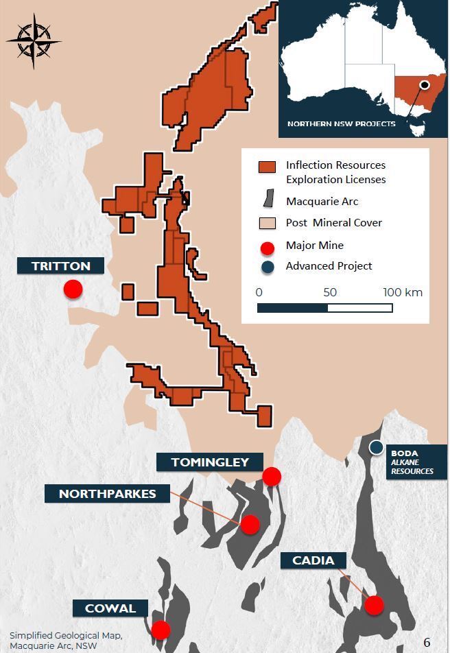 Map of the major mines and Inflection Resources’ land position along the prolific Macquarie Arc.