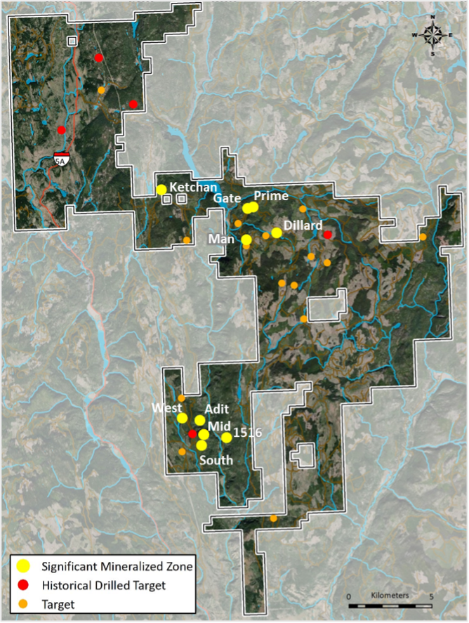 Map showing West and Adit targets lying to the south of Gate at the MPD project