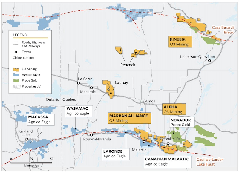 Map of O3 Mining’s property position in the Val d’Or region of Quebec.